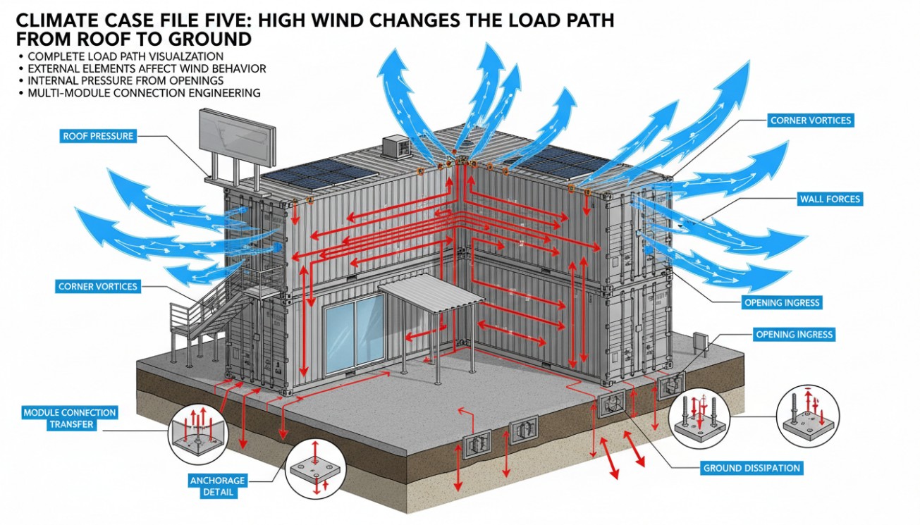 High-wind load path diagram showing roof pressure, wall forces, module connections and foundation anchorage